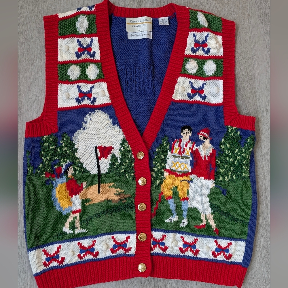Vintage Marisa Christina Classics Colorful Hand Knitted Golf-Themed Sweater Vest